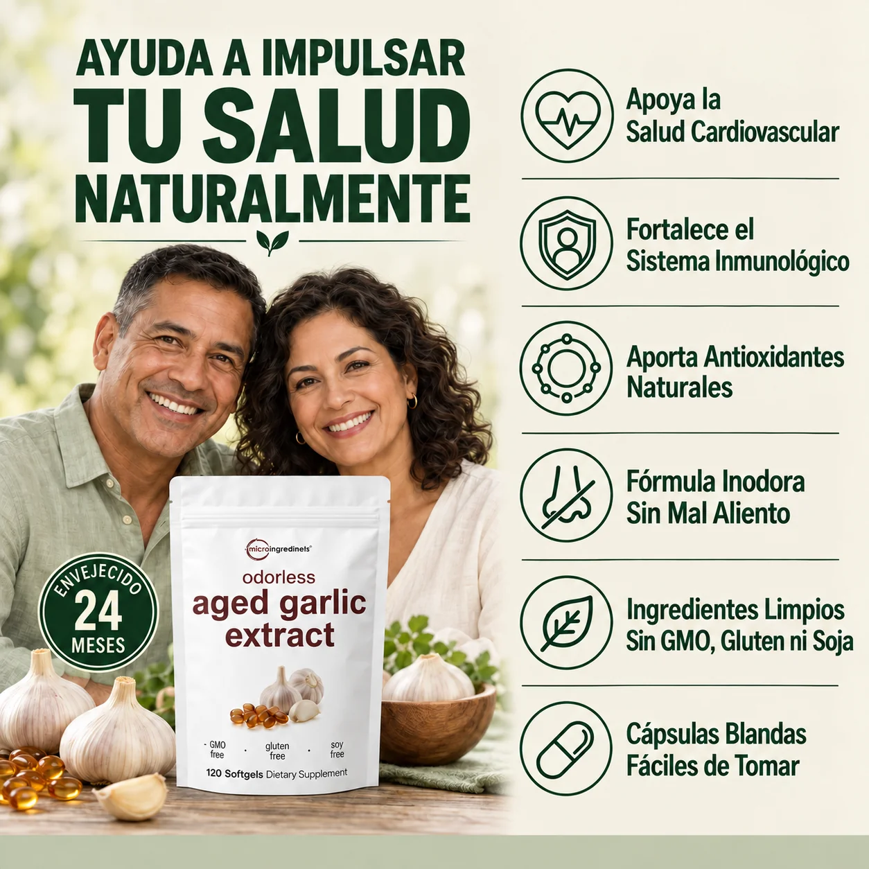 Ayuda a impulsar tu salud naturalmente: flyer ilustrativo con seis puntos sobre el producto. Personas generadas con IA e información por confirmar con la etiqueta.