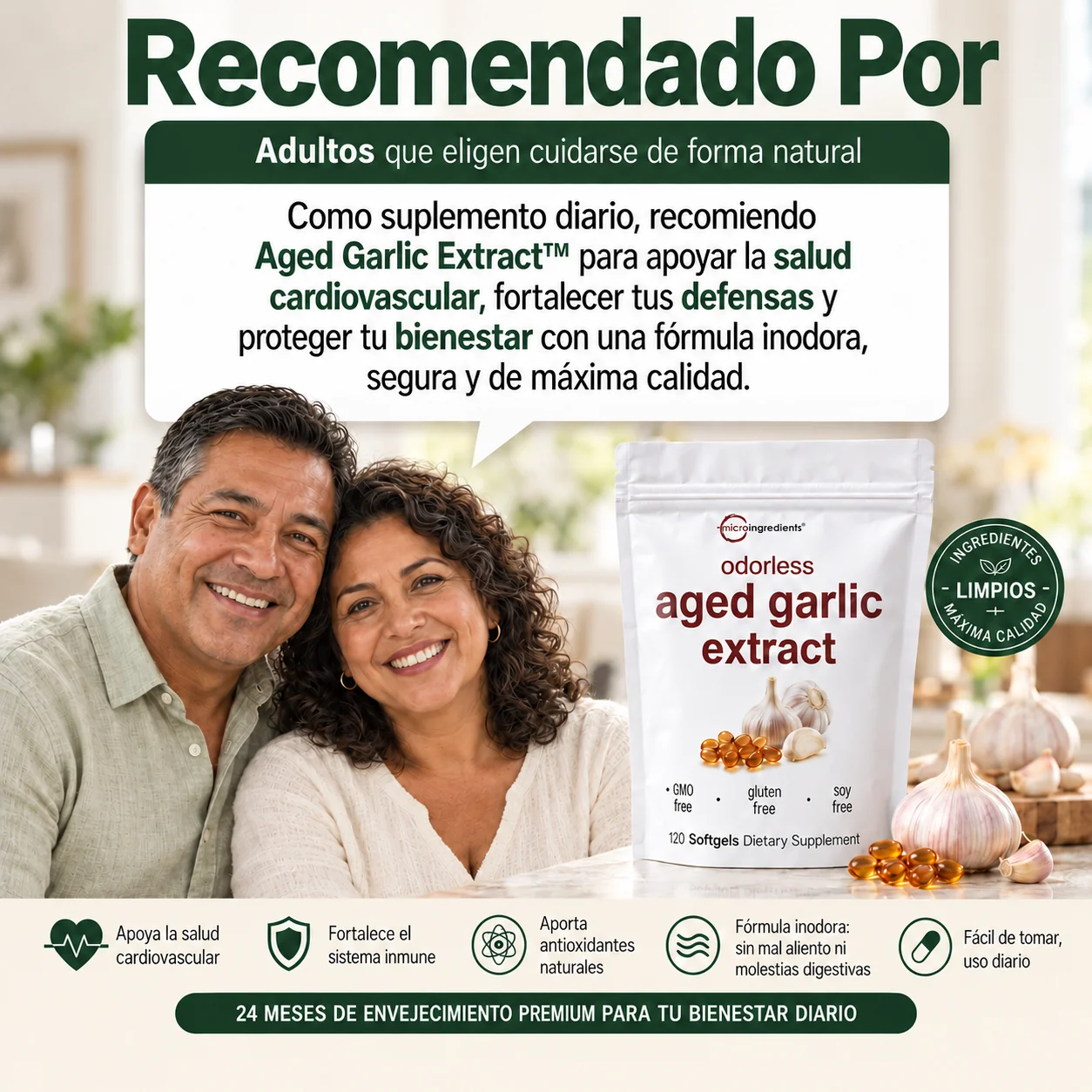 Flyer de Aged Garlic Extract con una pareja ilustrativa y el producto. Personas generadas con IA; no es un testimonio real.
